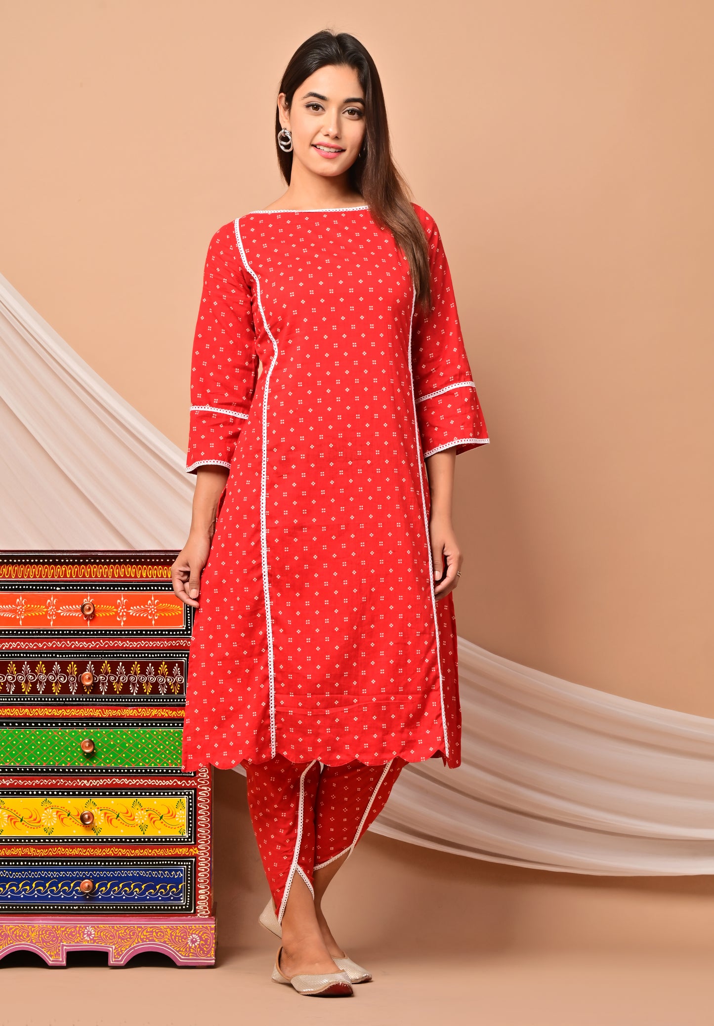 PUKHYA RED COTTON PRINTED KURTA WITH DHOTI