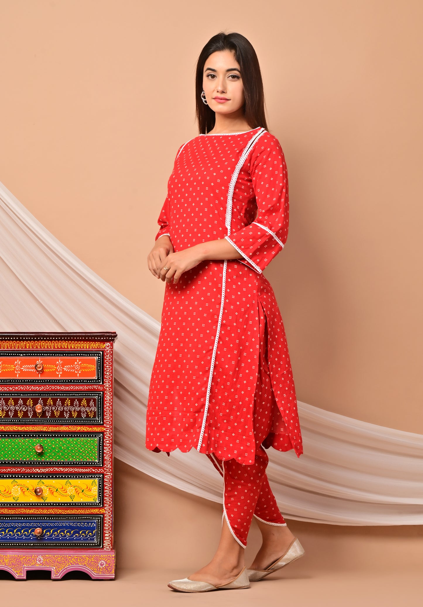 PUKHYA RED COTTON PRINTED KURTA WITH DHOTI