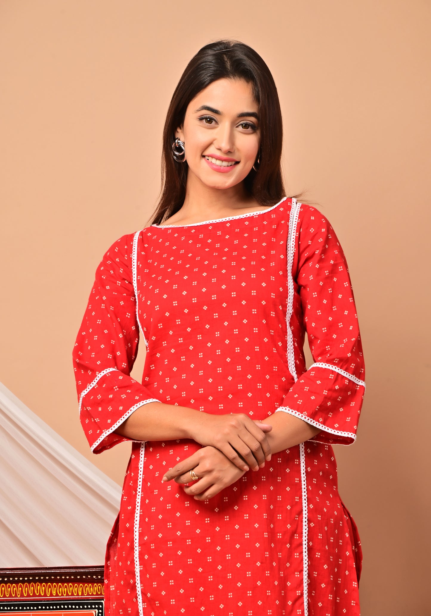 PUKHYA RED COTTON PRINTED KURTA WITH DHOTI