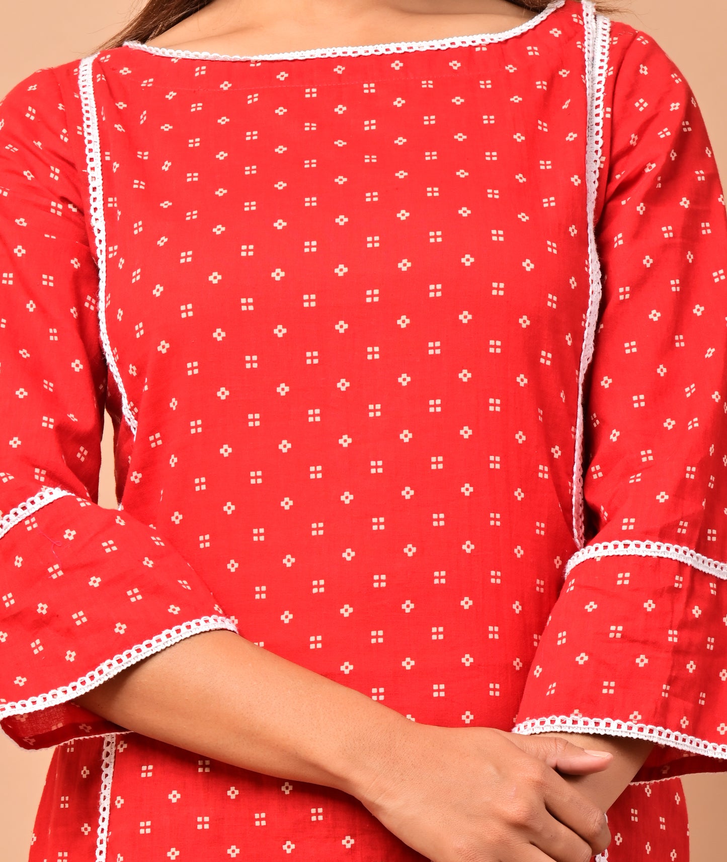 PUKHYA RED COTTON PRINTED KURTA WITH DHOTI