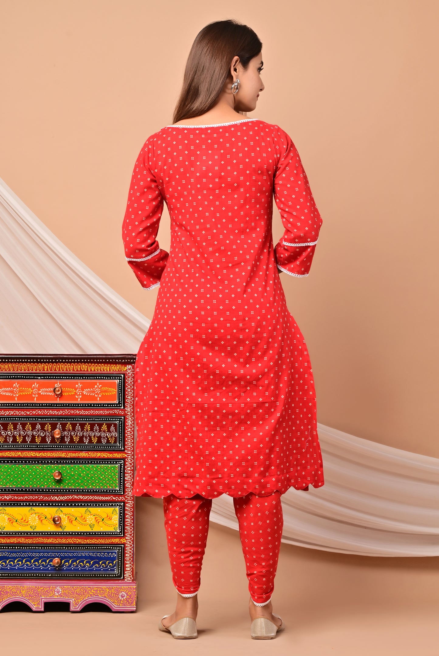 PUKHYA RED COTTON PRINTED KURTA WITH DHOTI