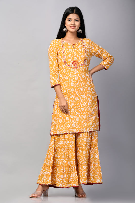 PUKHYA WOMEN'S COTTON PRINTED YOKE EMBROIDERY STRAIGHT KURTA WITH SHARARA