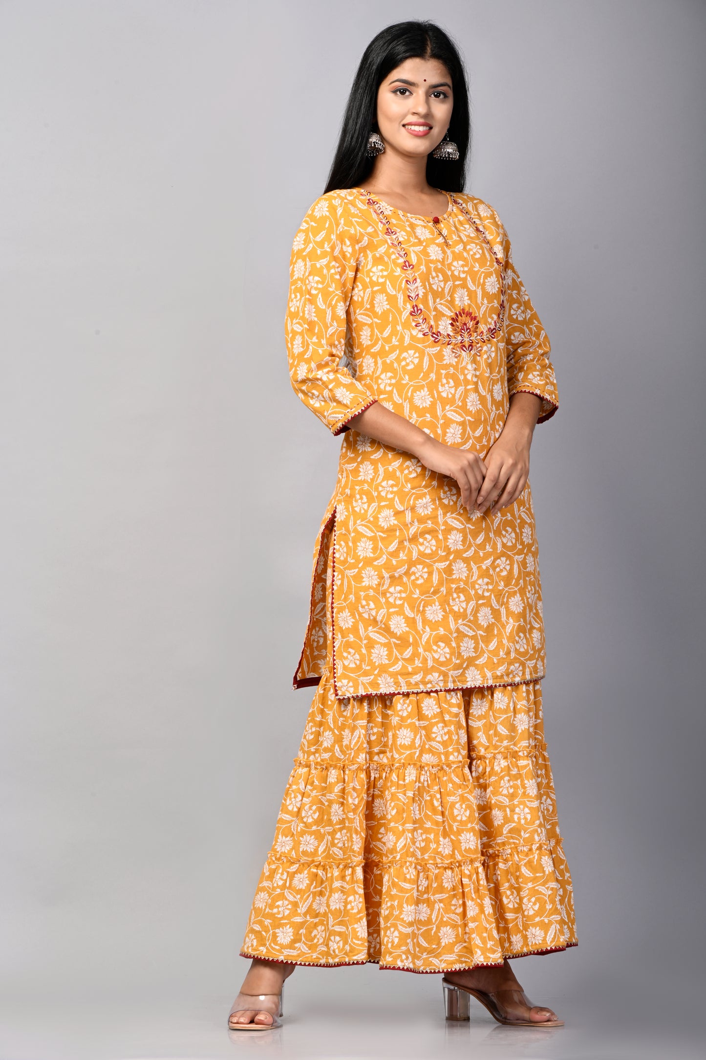 PUKHYA WOMEN'S COTTON PRINTED YOKE EMBROIDERY STRAIGHT KURTA WITH SHARARA