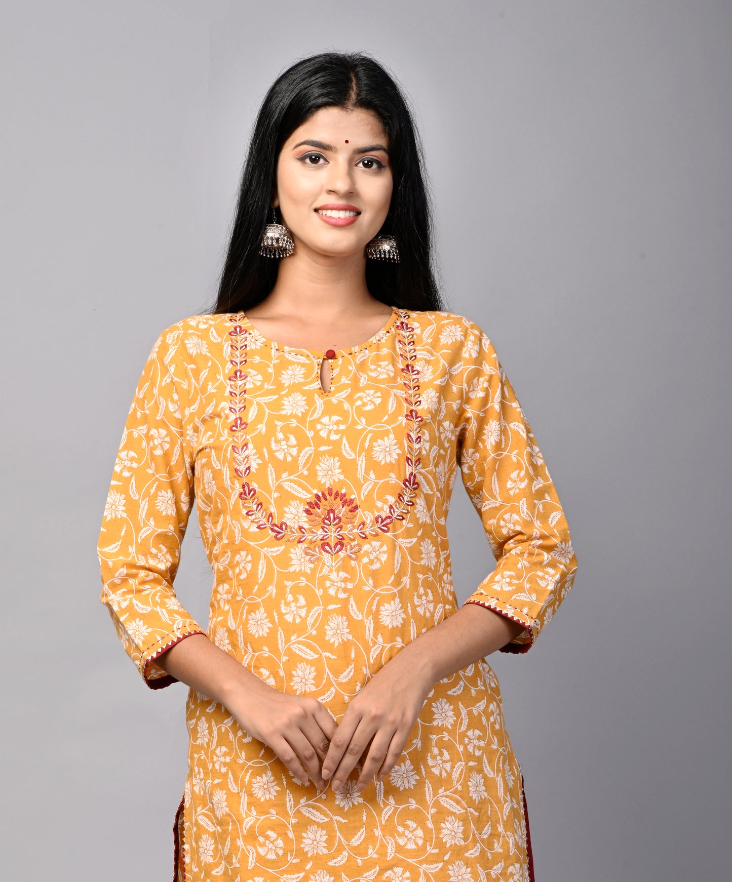 PUKHYA WOMEN'S COTTON PRINTED YOKE EMBROIDERY STRAIGHT KURTA WITH SHARARA