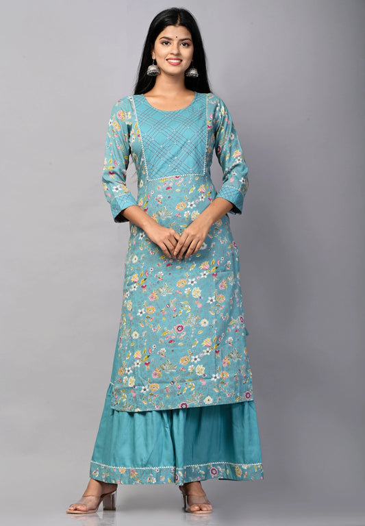 PUKHYA WOMEN'S STRAIGHT KURTA WITH SHARARA RAYON