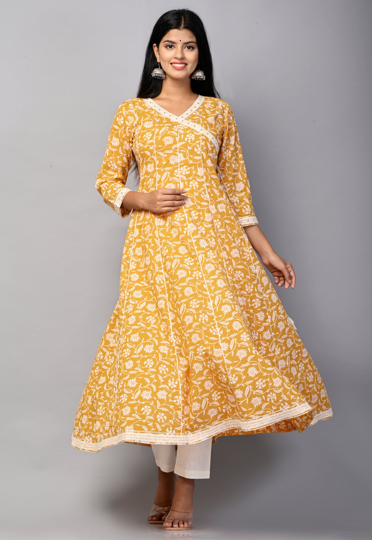 PUKHYA WOMEN'S FLORAL PRINTED ANARKALI KURTA COTTON