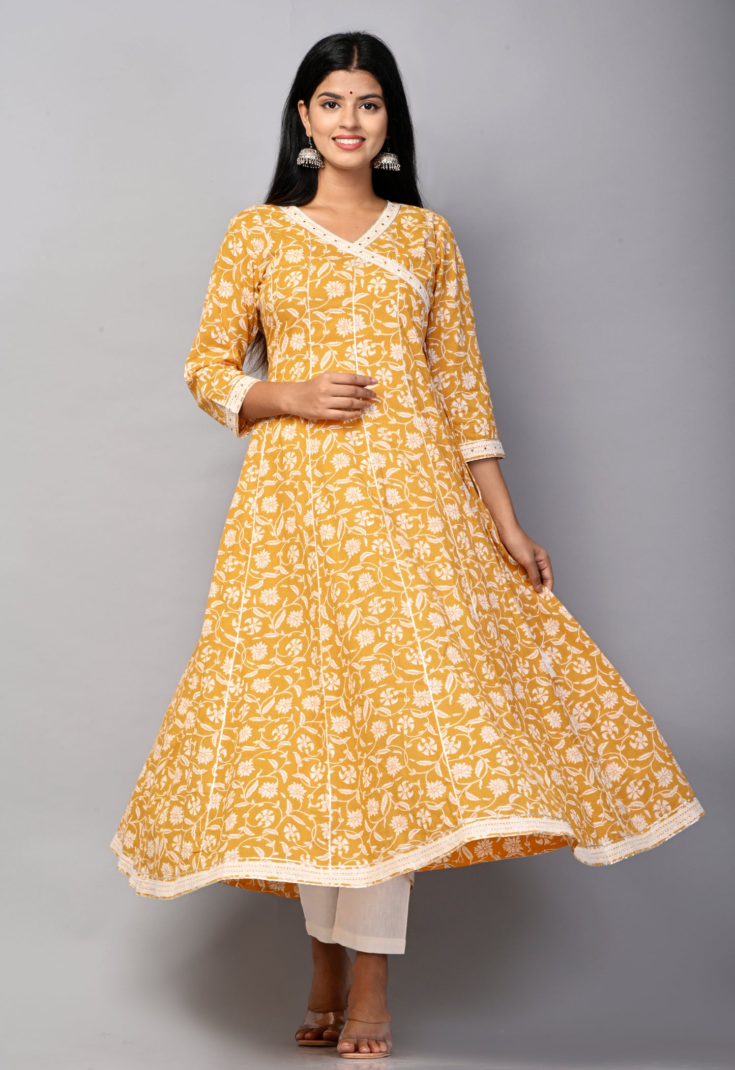 PUKHYA WOMEN'S FLORAL PRINTED ANARKALI KURTA COTTON